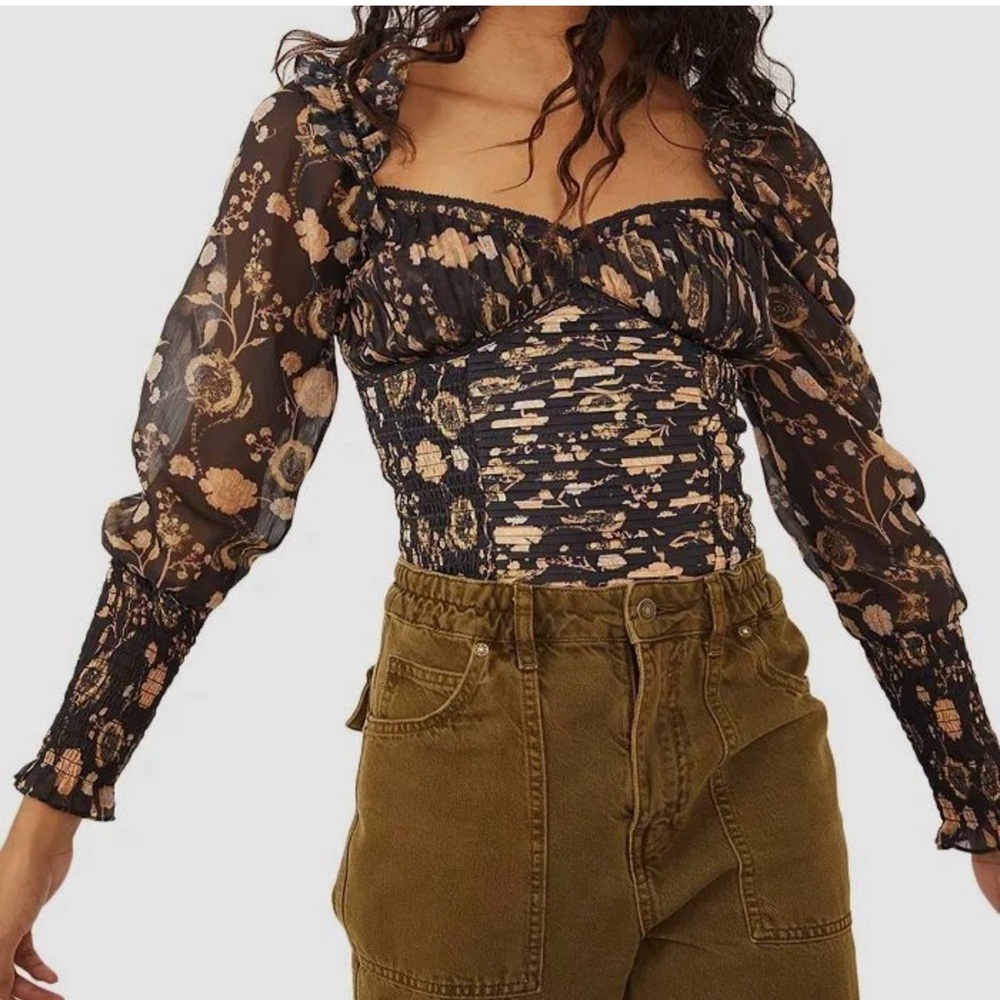 New Free people corset Bustier bodysuit black flowers sheer size large